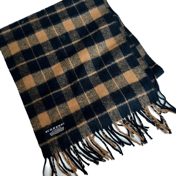 Burberry London Scarf Rectangle Tan & Blue Check 100% Cashmere Fringe England - Picture 2 of 4